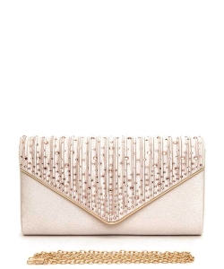 Crystal Pave Pleated Satin Clutch Bag 136-21036 CHAMPAGNE